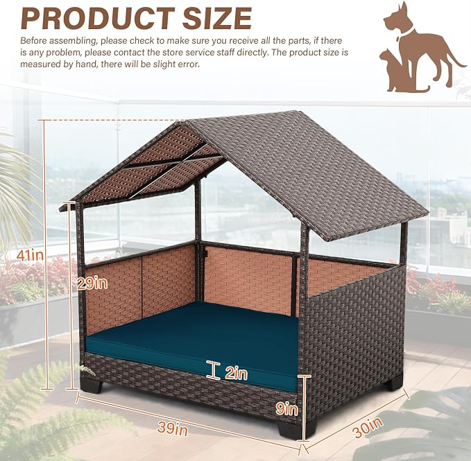 HDPE Wicker Dog House for Medium/Big Dogs 39x30x41in, Outdoor Dog Bed House with Canopy and All-Weather Non-Slip Dog Cot Cushion, Oversize Rattan Dog Bed Shelter and Pet Cabana, Brown