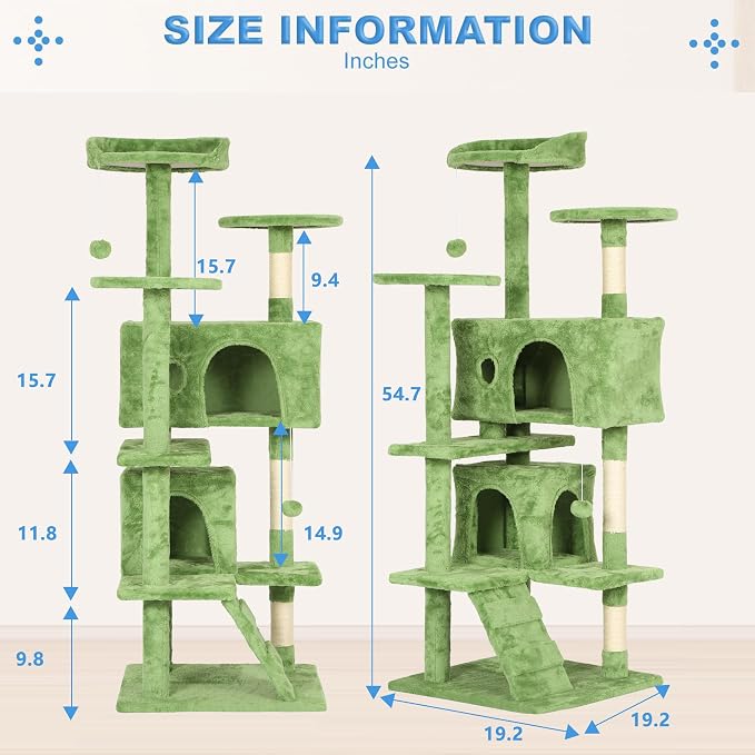 FDW | 54" Cat Tree Tower | Green | Multi-Level Indoor Activity Center with Sisal Scratching Posts, Condos, Plush Perches, Hanging Cat Toys | Sturdy, Easy to Assemble | for Kittens & Adult Cats