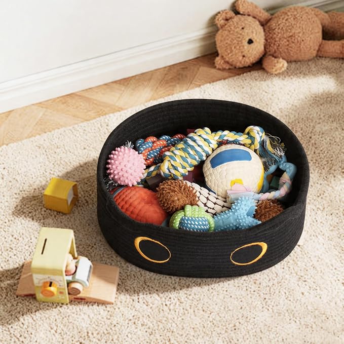 Cute Cat Toy Basket, Small Cotton Rope Toy Bin Box for Cats, Woven Organizer with Embroidered Face, Decorative Storage for Shelf, Desktop, Indoor Pet Bed, Halloween Basket Decor, Black