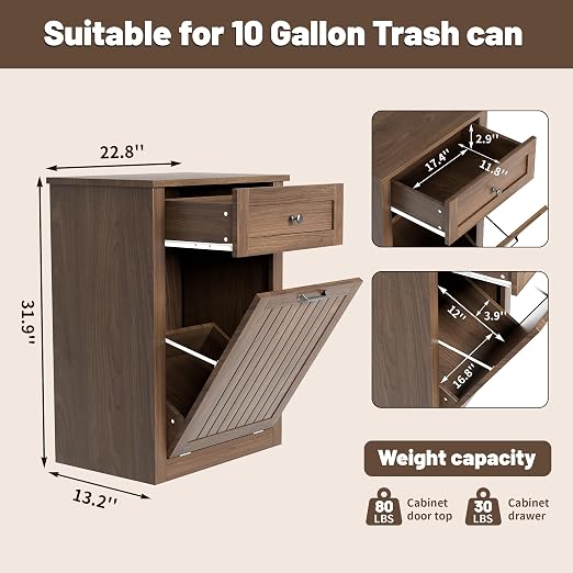 10 Gallon Tilt Out Trash Can Cabinet Drawer Hidden Trash Cabinet Walnut | Cabinet with Drawers for Kitchen, Bathroom and Laundry Room