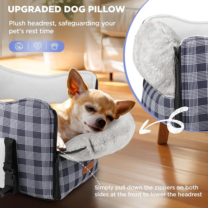 Center Console Dog Car Seat for Small Dogs-Washable Plaid Oxford Pet Booster Seat,Anti-Collapse Design with Soft Plush & Sturdy Support Board,Adjustable Safety Leash for Small Dogs & Cats up to 15 lbs