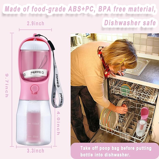 Cibaabo Dog Water Bottle with Food Container & Poop Bag Holder, Travel Water Bowl, Portable Pet Dispenser, Girl Dog Accessories Stuff Items Essentials Gift for Yorkie Chihuahua Walking Hiking