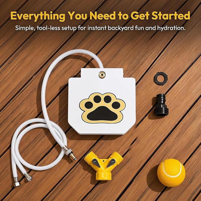 Outdoor Dog Water Fountain Step On, Dog Sprinkler Paw Activated for Large Dogs, Heavy Duty Pet Drinking Dispenser with Brass Valve & Anti Bite Hose, Summer Backyard Water Toy, 30s No Tool Setup (1Set)