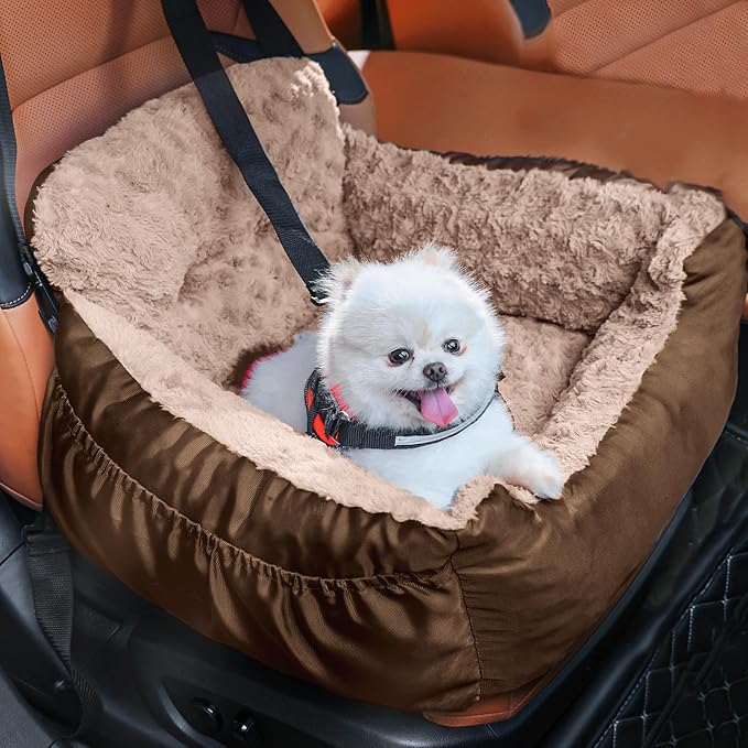 Oiilores Dog Car Seat for Small Dogs, Washable Pet Booster Seats with Clip-On Safety Leash, Comfy Deluxe Plush Carseat with Storage Pockets, Puppy Car Travel Carrier Bed for Dogs Under 25 lbs, Brown