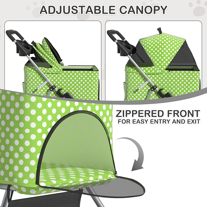MoNiBloom 3 in 1 Foldable Pet Stroller for Small & Medium Dogs, Detachable Carrier, Car Seat, Push Button Entry, 4-Wheel Jogger for Pets up to 33 lbs, Lawn Green Polka Dots