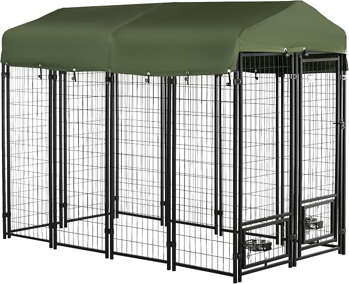 PawHut 8' x 4' x 6' Dog Kennel Outside, Welded Wire Outdoor Dog Kennel Run with 360° Rotating Bowls, Waterproof & UV Resistant Cover, for S&M&L Breeds, Chickens, Ducks, Green | Welded Wire Dog Kennel Outside Run, Waterproof & UV Resistant Cover, for S&...
