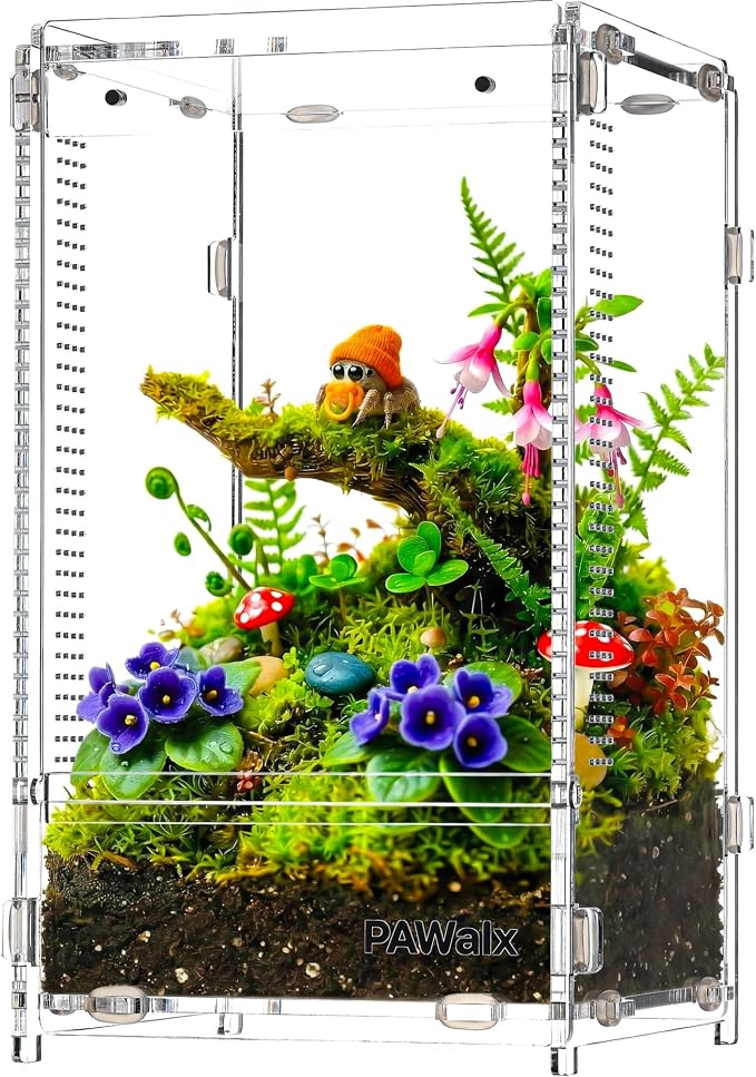 Jumping Spider Enclosure, Acrylic Terrarium with with Magnetic Doors, 0.8mm Micro-Ventilation, Stackable Escape-Proof Habitat for Jumping Spiders, Tarantulas & Small Reptiles, 4.7"x4.7"x8"