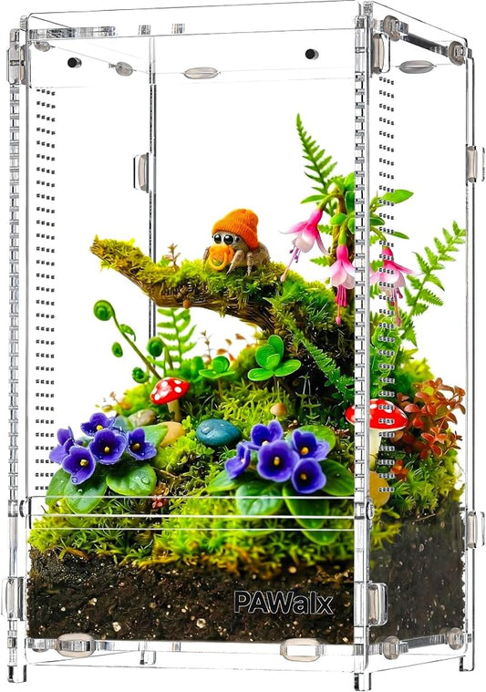 Jumping Spider Enclosure, Acrylic Terrarium with with Magnetic Doors, 0.8mm Micro-Ventilation, Stackable Escape-Proof Habitat for Jumping Spiders, Tarantulas & Small Reptiles, 4.7"x4.7"x8"