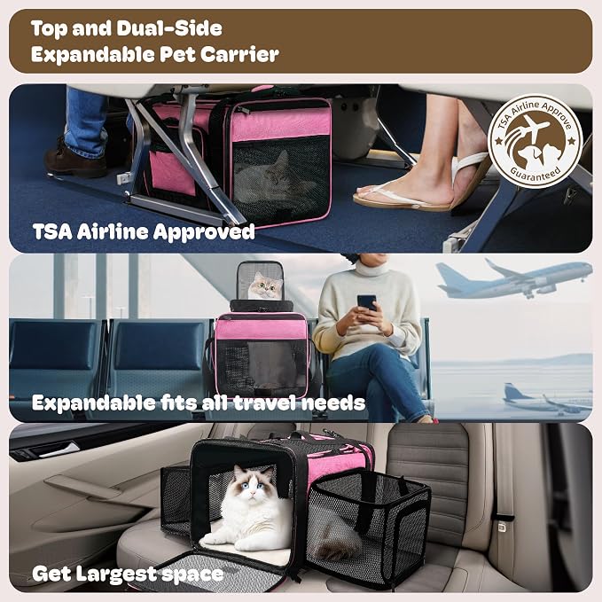 Top and 2 Sides Expandable Pet Carrier 17x11x9.5, TSA Airline Approved Small Dog Carriers for Small Dogs, Soft-Sided Cat Carrier with Self-Locking Zippers for Kitten,Rabbit, Puppy, Guinea Pig Pink