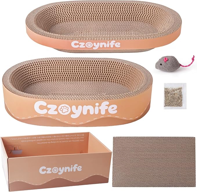 3PCS Cat Scratcher Cardboard, Oval Cat Scratch Pad Bowl Nest for Indoor Cats, Round Cat Scratching Board Corrugated Lounge Cat Bed, Furniture Protector for Couch (Brown, 17 * 11.5 in)