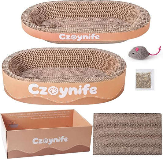 3PCS Cat Scratcher Cardboard, Oval Cat Scratch Pad Bowl Nest for Indoor Cats, Round Cat Scratching Board Corrugated Lounge Cat Bed, Furniture Protector for Couch (Brown, 17 * 11.5 in)