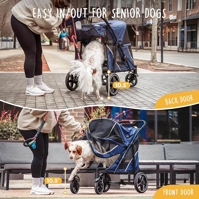 Canine Canyon Denver Dog Stroller for Large & Medium Dogs- Easy Fold All-Terrain Pet Stroller for 2 Dogs with Dual Entry, One-Foot Brake, Sunroof & Breathable Windows, Up to 130 lbs, Blue