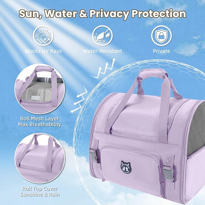 Lollimeow Expandable Cat Carrier Backpack for Large Cats - Airline Approved Pet Carrier Backpack for Small Dogs, Hiking & Travel, Waterproof with Breathable Mesh, 22lbs Capacity (Lavender, Large)