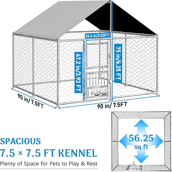 Redlife 7.5x7.5FT Heavy-Duty Outdoor Dog Kennel with Roof | Galvanized Steel Dog Cage, 360° Rotating Feeding Bowls, Double Door Opening, Waterproof Cover, Large Backyard Pet Enclosure