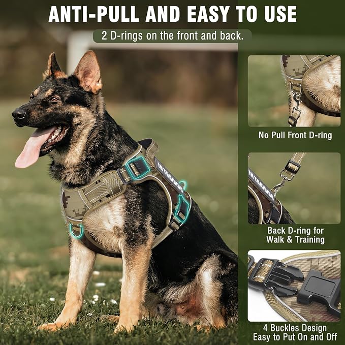Tactical Dog Harness and Leash Set with 10 Patches for Large Dogs | Heavy Duty No Pull Service Animal Dog Vest with Dog Seat Belt ,Adjustable Reflective Easy Walk for Training Hiking Camo L