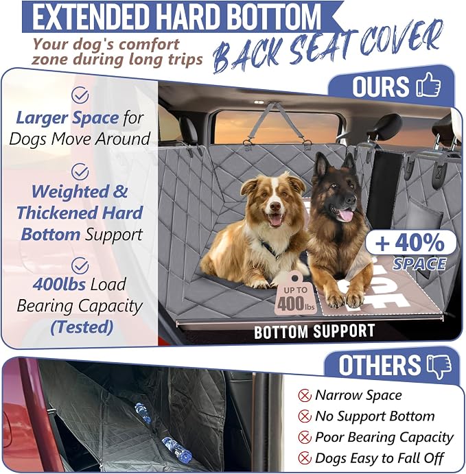 Back Seat Extender for Dogs Truck-Large Space, Hard Bottom Dog Pet Seat Cover Back Seat, Waterproof Dog Hammock for Crew Cab Trucks F150, RAM1500, Sierra, Tundra, Silverado, Grey