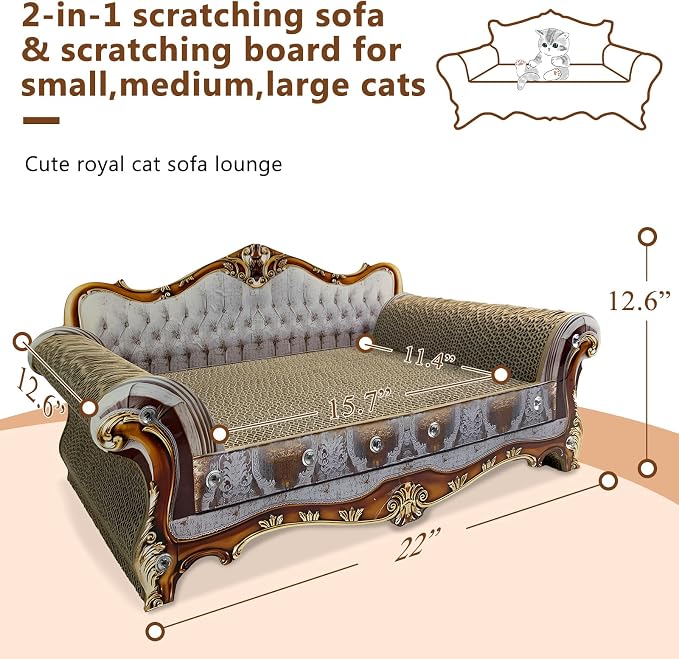 Luxury Cardboard Cat Scratcher Sofa Bed, Couch Shaped Cat Scratching Board, Scratch Lounge with Catnip, Scratcher for Indoor Cats Kittens Kitties Grey