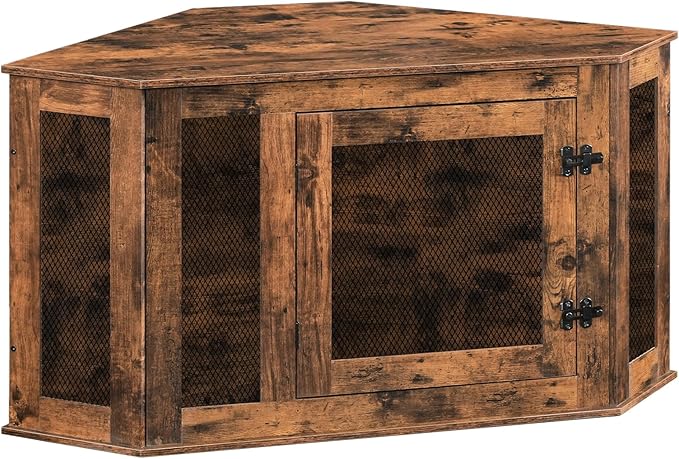 MAHANCRIS Corner Dog Crate Furniture, Wooden Dog Kennel End Table, Decorative Pet Crate Indoor Use, Furniture Style Dog House for Small Medium Dog, Dog Cage TV Stand, Rustic Brown DCRB0801