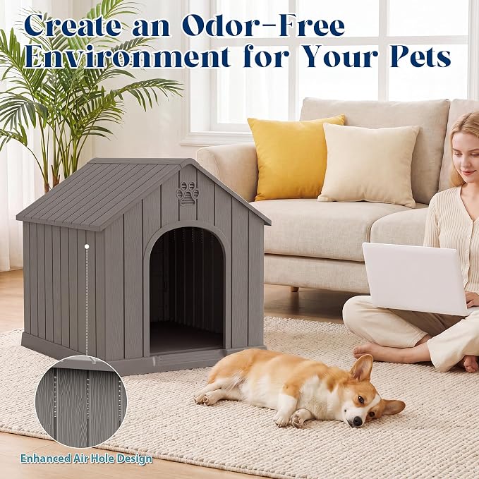 Dog House Outdoor, Plastic Small Dog House-Weatherproof Design with Air Vents & Elevated Floor for Small to Medium Dogs, Easy Clean and Assemble (Standard Grey, 26.18''L × 24.03''W × 25.98''H)