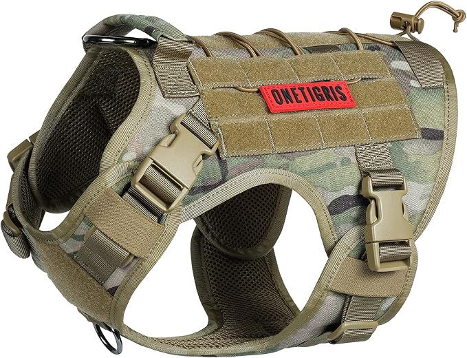 OneTigris Tactical Dog Harness with Handle No-Pull Adjustable for Small Dog | Military 1000D Pullable Nylon, Service Dog Vest with Hook & Loop Panels, Easy On & Off for Walking Hiking Training Camo S