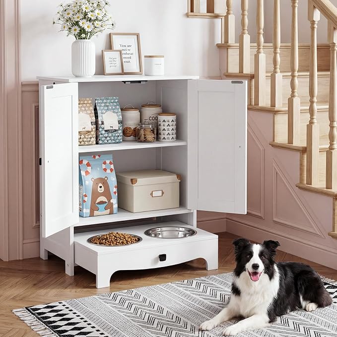 HOOBRO Dog Feeding Station with Storage and Hooks, Dog Food Storage Cabinet with Feeding Bowls, Pet Feeding Station with Sliding Drawer and 2 Hidden Bowls for Dog & Cat, White WT12PO03G1