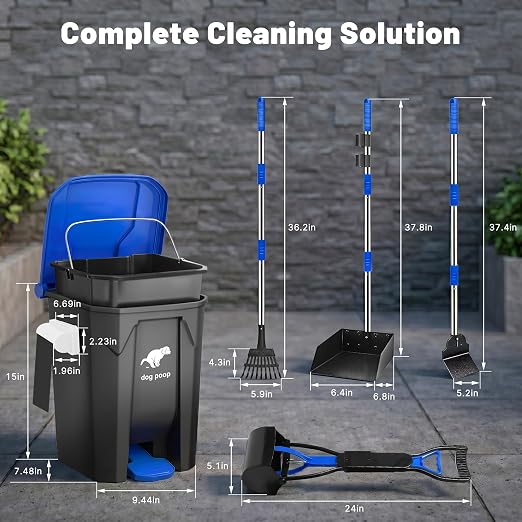 Dog Poop Trash Can Outside - 20L/5Gal Pooper Scooper Sets and Spade, Blue | Outdoor Trash Can with Lid, Inner Bucket, Dog Poop Scooper Set, Metal Tray, Rake and Spade, 100 Trash Bags & Storage Box