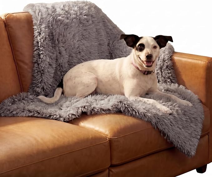 Furhaven Waterproof Throw Blanket for Dogs & Indoor Cats, Reversible Protective Pet Blanket, Medium, Long Faux Fur & Velvet, Gray