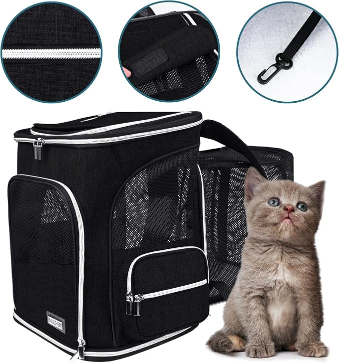 BAGLHER Expandable Pet Carrier Backpack，Pet Backpack for Small Cats Puppies Dogs Bunny, Airline-Approved Ventilate Backpack for Travel, Hiking and Outdoor Use. Black