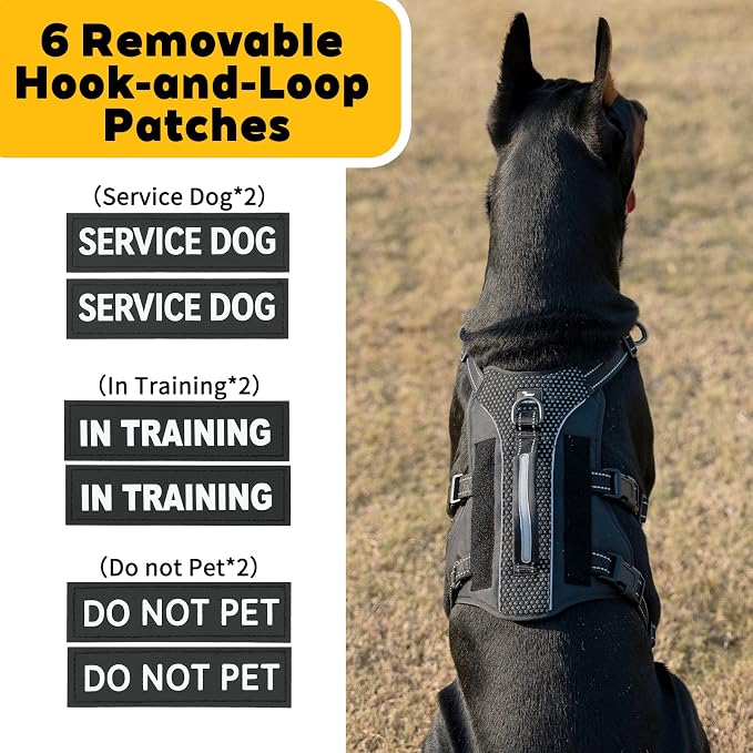Service Dog Vest Harness, Escape Proof Harness with 6 Patches, No-Pull, Reflective Harness with Handle, Adjustable for Small to Large Dogs, for Training and Hiking (Black, S)