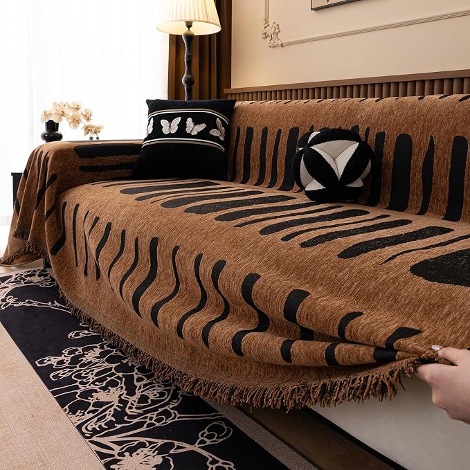 VClife Aztec Couch Cover for Sofa, Thick Plush Jacquard Couch Cover for Sectional Sofa, Breathable Washable Sofa Slipcover for Dog, Bohemian Moroccan White Pumpkin Slip Cover 71"X150"