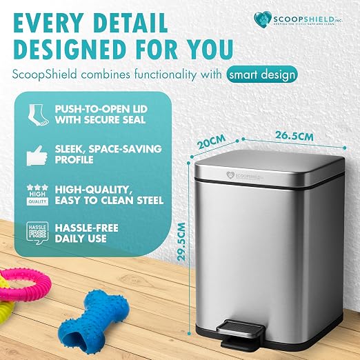 6L Outdoor and Indoor Pet Waste Container, (with one Charcoal Filter), Stainless Steel Can. Lid Opens with Push Step. 12 in x 10 in x 8 in Dimension.