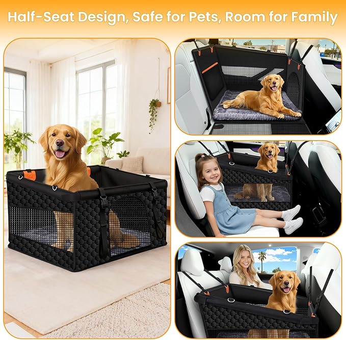 Large Dog Car Seat Cover with Dog Bed Mat for Back Seat Half - Single Seat Travel Hammock Extender, Waterproof Hard Bottom for Medium & Large Dogs, Car SUV Truck Vehicle