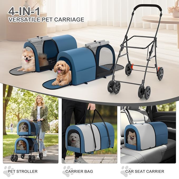 MoNiBloom Double Dog Stroller for Small and Medium Dog Cats, Navy Blue/Gray | Pet Stroller with Detachable Carrier Bags Large 4 Wheels Foldable Jogger for Small and Medium Dog Cats