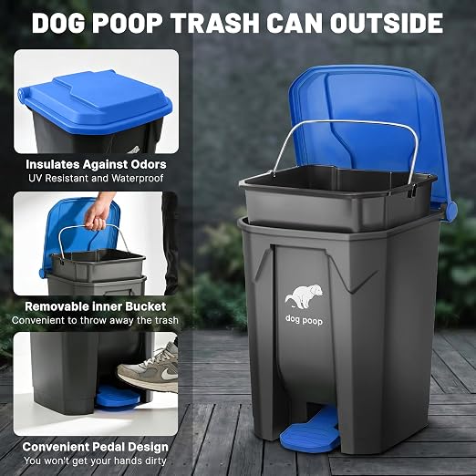 Dog Poop Trash Can Outside - 20L/5Gal Pooper Scooper Sets and Spade, Blue | Outdoor Trash Can with Lid, Inner Bucket, Dog Poop Scooper Set, Metal Tray, Rake and Spade, 100 Trash Bags & Storage Box
