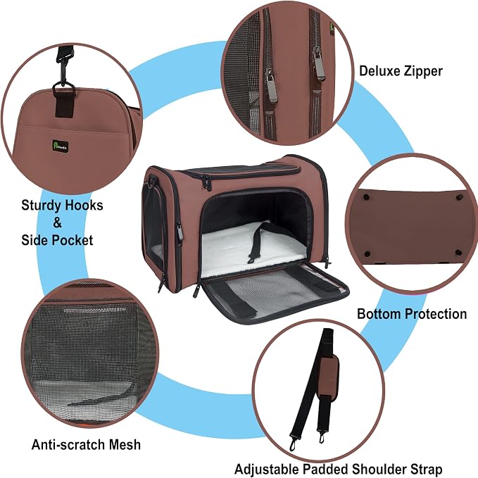 Soft Sided Carrier for Small Medium Cats Dogs,Removable Pad Collapsible Travel Pet Carrier Large Brown