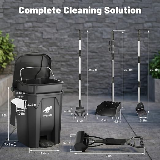 Dog Poop Trash Can Outside - 20L/5Gal Pooper Scooper Sets and Spade, Black | Outdoor Trash Can with Lid, Inner Bucket, Dog Poop Scooper Set, Metal Tray, Rake and Spade, 100 Trash Bags & Storage Box