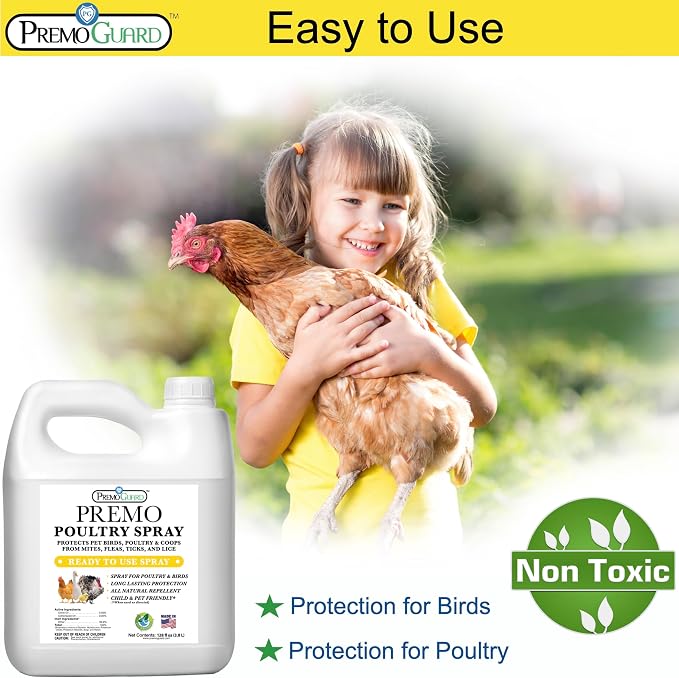 Premo Guard Poultry Spray - 128 oz - Kill Scaly Leg, Mites, Fleas, Lice, & Other Pests on Chickens and in Coops - Natural Plant Based Oils for Control & Prevention - Family Safe with No Egg Withdrawal