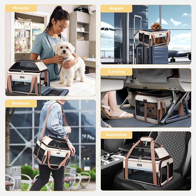 Lekereise Top-Expandable Pet Carrier 17x11x9.5 Inch Alaska Hawaiian Airline Approved Soft Sided Underseat to 12lbs Travel Carriers for Small Dogs and Cats with Locking Safety Zippers Anti-Scratch Mesh