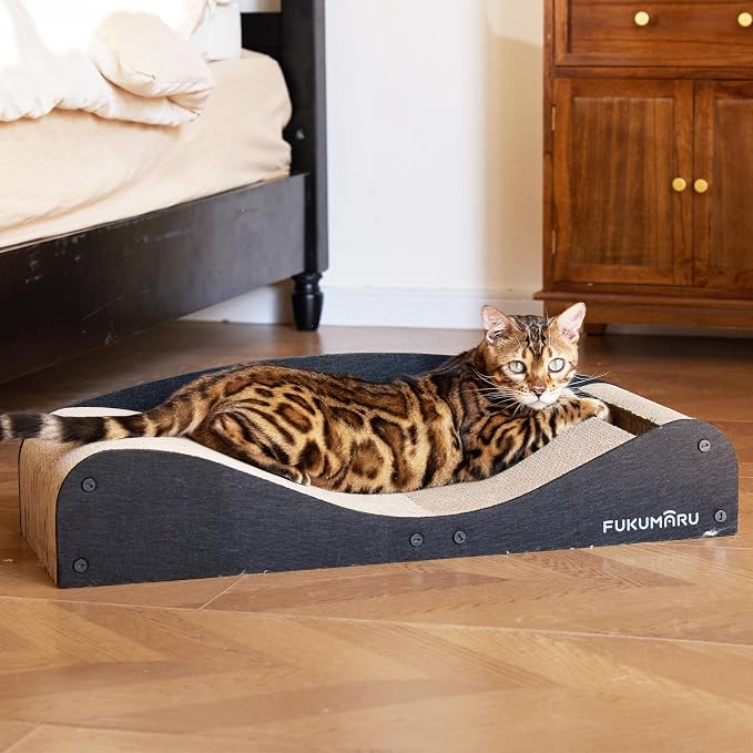 FUKUMARU Cardboard Cat Scratcher Bed, Extra Large 29.1 Inch Cat Scratch Pad | Cat Scratching Bed Couch Indoor, Natural Felt Multifunctional, Horizontal Kitten Scratch Bed Lounger With Ball Toy, Black