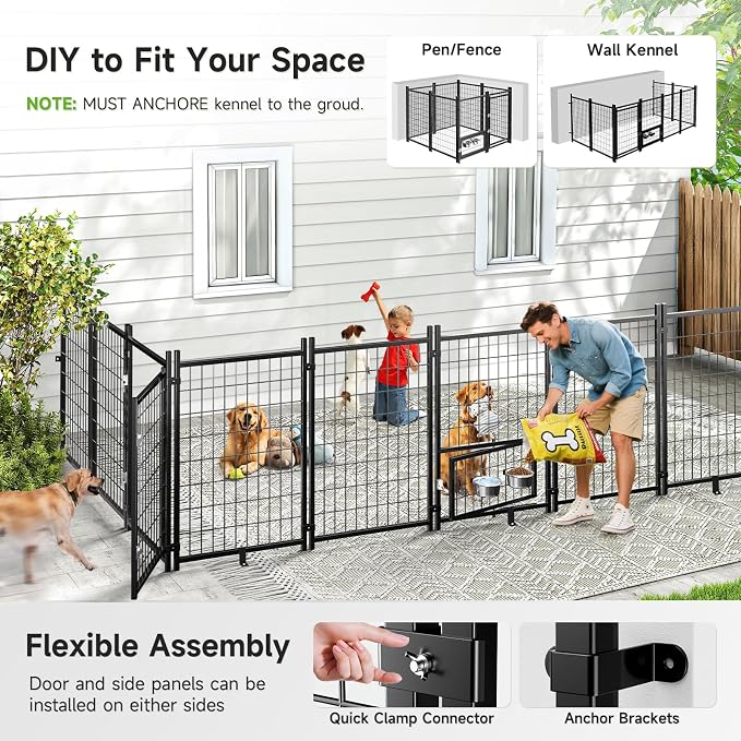 Dog Kennel Outdoor, Weatherproof Outside Dog Kennel with Roof & Swivel Feeders and Removable Dog Door, Outdoor Kennels Dog Enclosure Run for Medium Large Dogs (5'L x 5'W x 5'H)