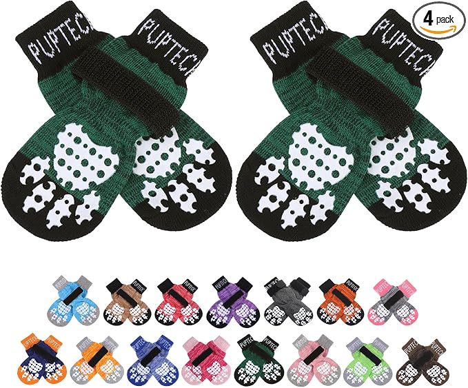 PUPTECK Anti-Slip Dog Socks with Double Sides Grips for Small Medium Large Dogs Hardwood Floors Prevents Licking, Dog Shoes for Hot Pavement Traction Control for Senior Dogs, Dark Green, XS