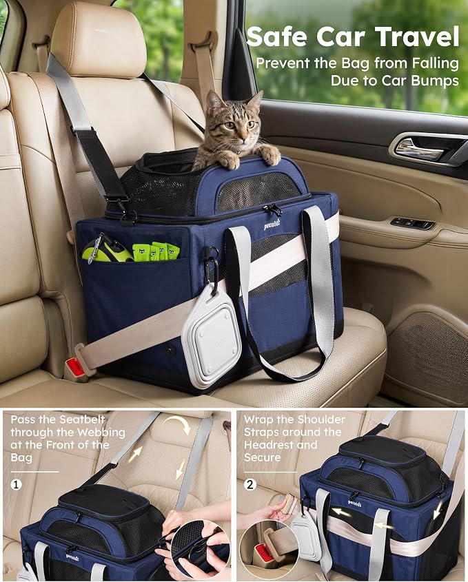 Pecute Top Expandable Cat Carrier Sturdy Pet Bag with 5mm Anti-Collapse Steel Frame, Soft Dog Carrier for Car Travel Vet Visits Outdoor Hammock,Foldable Travel Crate with Leakproof Pee Pad & Bowl,Blue
