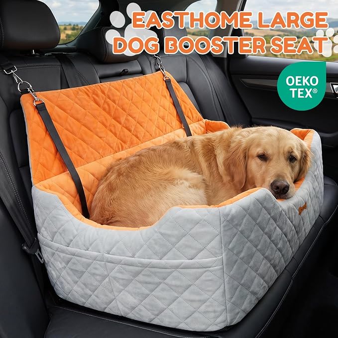 Dog Car Seat for Large Medium Dogs up to 55 lbs, Memory Foam Dog Booster Seat with Storage Pocket, 2 Safety Leashes,Washable Cover, Portable Anxiety Pet Travel Bed, Gray