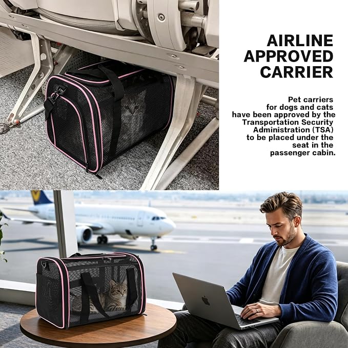 Cat Carrier Soft-Sided Dog Pet Carrier Pets Travel Carriers for Big Cats Small Dogs Mesh Puppy Carry Bag,TSA Airline Up to 16 Lbs (Pink, 17 * 11 * 11)