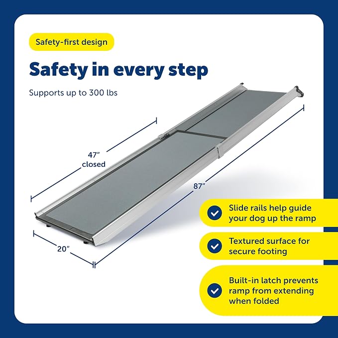 PetSafe Happy Ride Extra Long Telescoping Dog Ramp, Portable Pet Ramp for Cars, Trucks & SUVs with Adjustable Sizing | Extends 47-87 in to Reach Tall Trucks & SUVs, Rubber Feet, Side Rails, Safety Latch for Storage, Supports Dogs up to 300 Lb