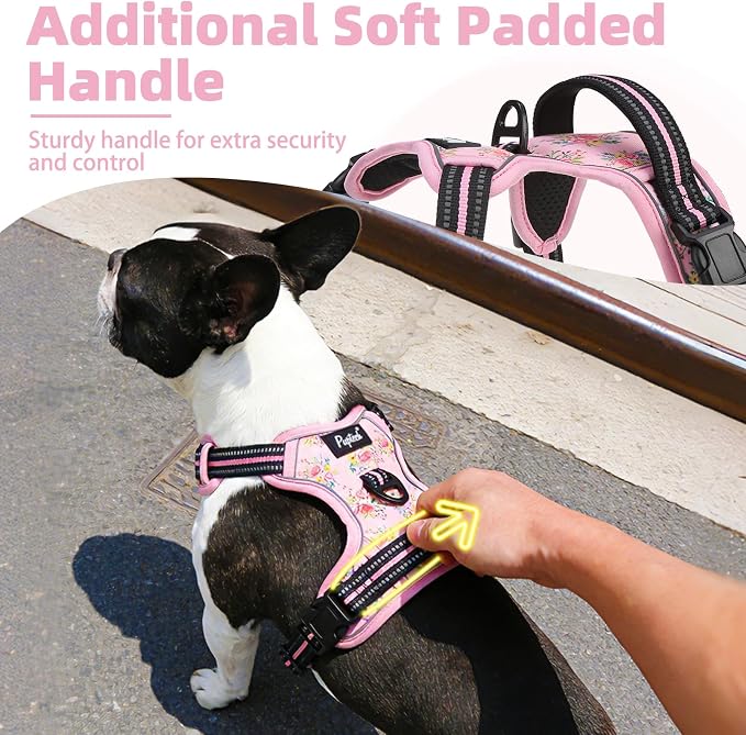 PUPTECK No Pull Tactical Dog Harness Medium Sized, Adjustable Reflective Dog Harness with Handle Easy Control, Comfortable Soft Padded Pet Vest Harness for Medium Dogs, Pink Flowers M