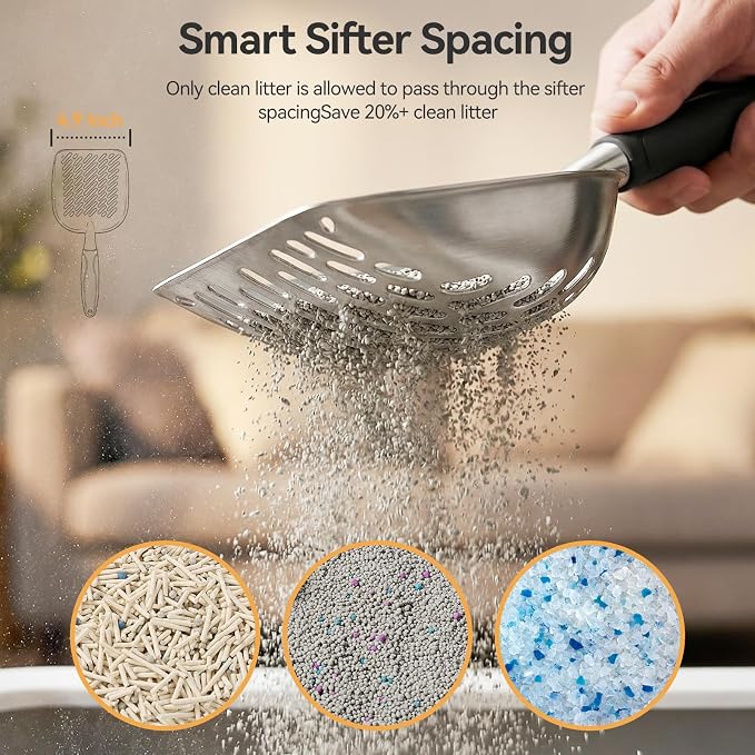 Cat Litter Scoop, Large Long Handle Kitty Metal Scooper | Heavy Duty Aluminum Deep Sifter, Ergonomic Non-Slip Grip, Rustproof Durable Poop Cleaner for Cat Litter Box