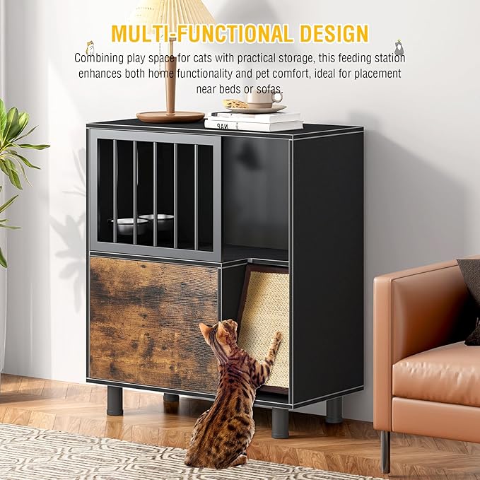 Dog Proof Cat Feeding Station, Cat Feeding Station, Pet Food Storage, Black | Raised Bowls for Indoor Cats, Elevated Food Bowls with Stand, Scratching Board, Stainless Steel Bowls