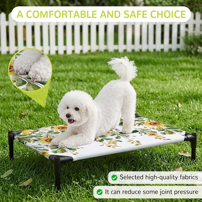 Outdoor Elevated Dog Bed for Medium Dogs, Hanging Floral Breathable Cooling Raised Dog Cot for Indoor/Outdoor, Spring Botanical Sunflower Green Leaves Waterproof Elevated Pet Beds, M 24 x 20 in