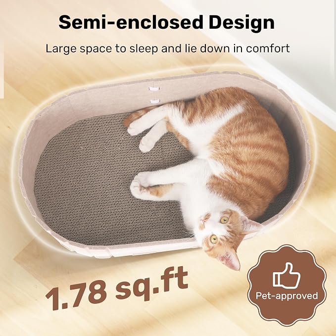 FUKUMARU Cat Scratcher, 24 Inch Sofa Shape Cat Scratching Bed Couch Indoor | Oval Felt Cat Scratcher Bed with Reversible Detachable Cat Scratching Boards, Round Cats Scratch Pads Refill, Beige